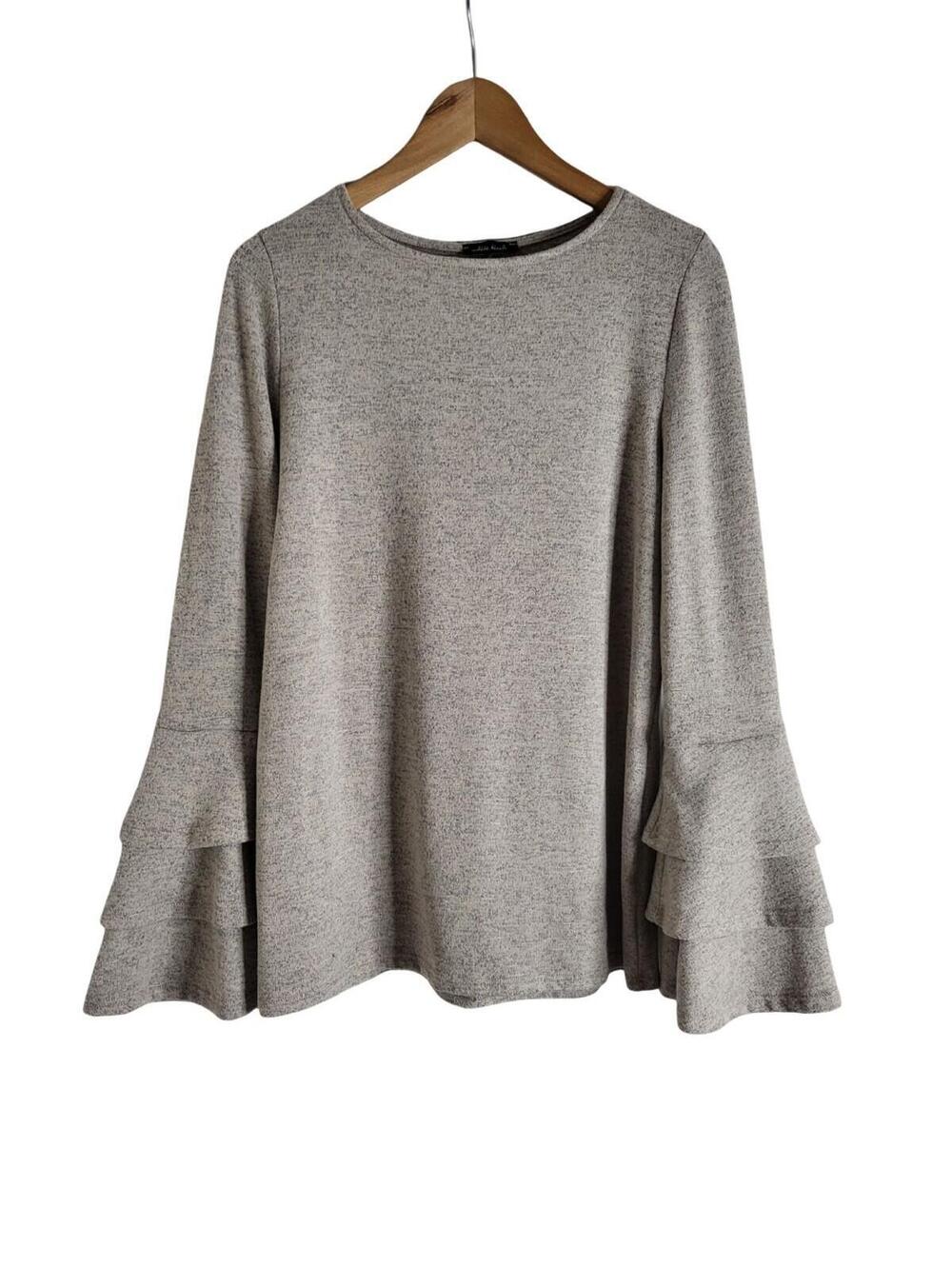 White Birch Light Heathered Gray Top Dramatic Tiered Ruffle Bell Sleeves L